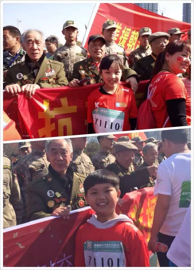 其中鄭州會(huì)展路小馬拉松起點(diǎn)，河南獵鷹老兵俱樂(lè)部的退伍軍人與抗美援朝老兵助力馬拉松，引發(fā)全場(chǎng)熱情。小朋友向老兵們致敬！