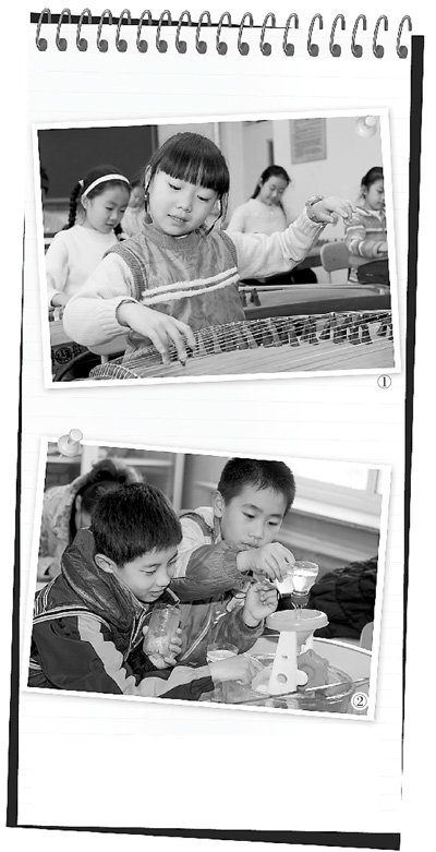 　圖1：鐵路五小古箏社團的孩子們正在演奏《高山流水》，圖2：科學課上，孩子們正在探索水的秘密。