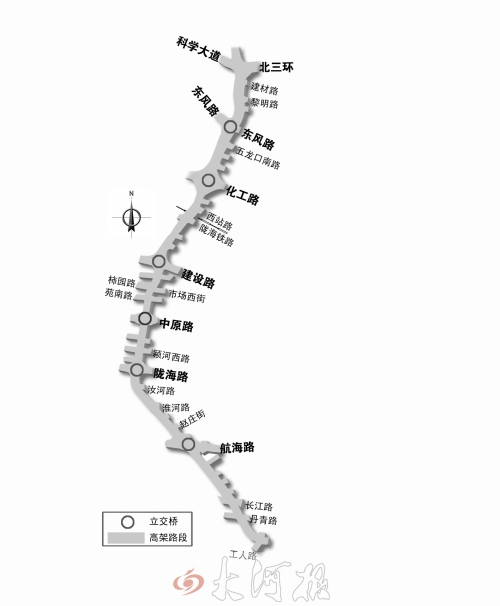 截至目前，僅剩西三環(huán)跨長江路、丹青路高架橋金水河處一座箱梁尚未澆筑。