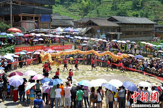 圖為當?shù)丶t瑤民眾舞起長龍祈求風調(diào)雨順。中新社發(fā) 韋吉陽 攝