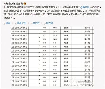 網(wǎng)友“財經(jīng)女記者部落”微博稱，“房姐”多處房產(chǎn)購自潘石屹的SOHO中國。網(wǎng)絡(luò)截圖