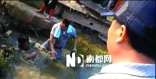 男子沒入水塘后試圖反抗，遭戴黑帽男子毆打。視頻截圖