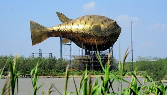 昨天，揚(yáng)中市西沙島，正在施工的河豚塔金光閃閃