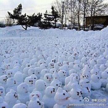 網(wǎng)傳“煙臺(tái)男子大學(xué)生堆1314個(gè)雪人表白”。微博圖