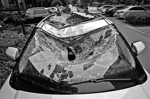 越野車車蓋以及前擋風(fēng)玻璃被砸得凹陷進(jìn)去。見習(xí)記者姚卡/攝