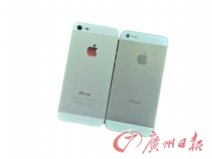 從背面看，真蘋(píng)果手機(jī)（左）的攝像頭要大一點(diǎn)，而且蘋(píng)果的Logo比較光亮，容易反光。