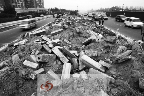 中州大道部分路段，綠化帶成了垃圾場。