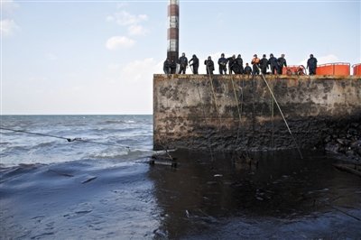 昨日，山東青島，清污人員正在海邊清理油污。