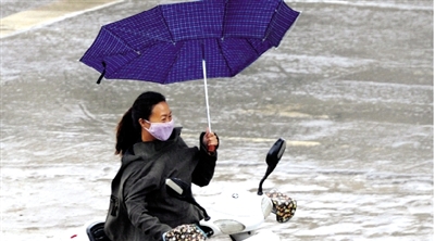 昨日下午，隴海路上，雨中風(fēng)大，一位女士的傘被吹翻了。