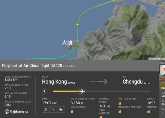  圖片來自航空網(wǎng)站flightradar24，圖顯示飛機在大澳險撞山頭