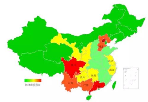 端午期間省域擁堵情況。來源：交通部聯(lián)合其他機(jī)構(gòu)發(fā)布的《2018年端午全國(guó)公路網(wǎng)出行預(yù)測(cè)報(bào)告》。