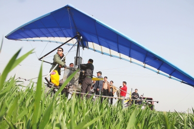 　　4月12日，在武陟縣北郭鄉(xiāng)韓余村，一架三角翼動(dòng)力滑翔機(jī)在對(duì)小麥進(jìn)行農(nóng)藥噴灑作業(yè)。為提升農(nóng)業(yè)生產(chǎn)的