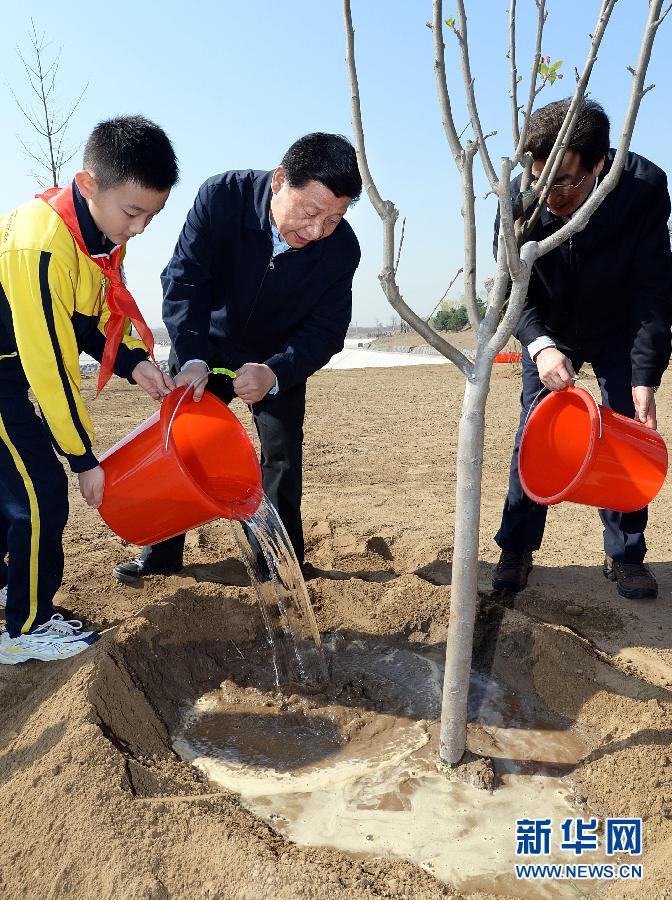 這是習近平同大家一起給剛栽下的樹苗澆水。