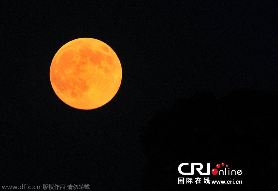 8月10日晚，一輪金燦燦的大月亮在遼寧省大連市東方升起。圖片來源：劉德斌/東方IC