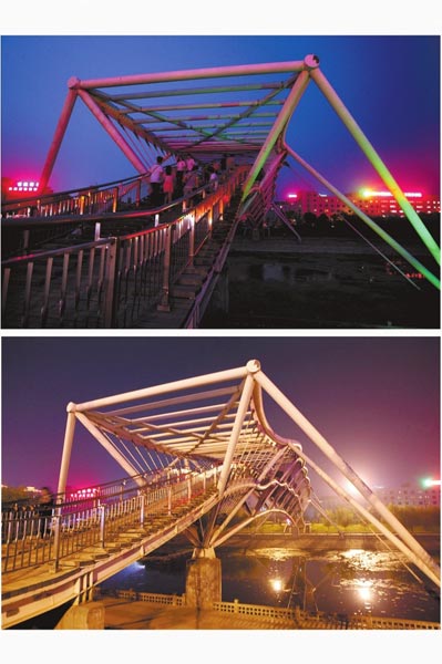 花園路西側(cè)東風(fēng)渠景觀橋，上圖攝于7月31日晚間，下圖攝于10月9日晚間。
