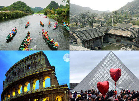 被電視真人秀帶火的旅游景點(diǎn)。左上:云南普者黑;右上:北京靈水村;左下:意大利羅馬;右下:法國(guó)巴黎。